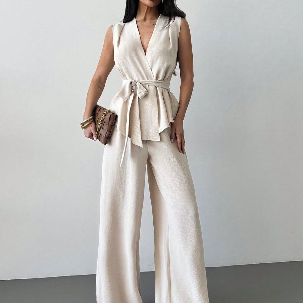 Apricot Elegant Casual Womens Loose V Neck Sleeveless top & Straight Leg Pants - Picture 3 of 7
